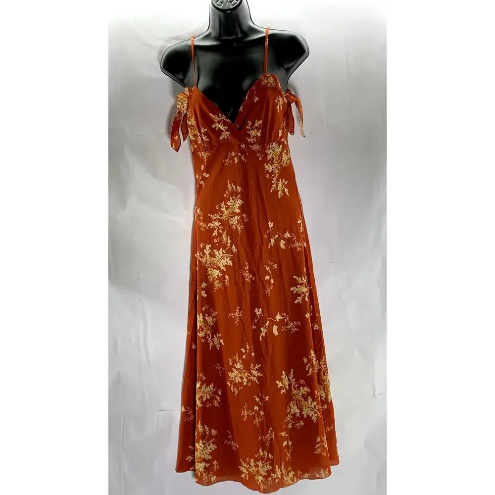 SIMPLE RETRO Women's Red Satin Floral Tall Strappy V-Neck Midi Dress SZ S - Picture 2 of 11